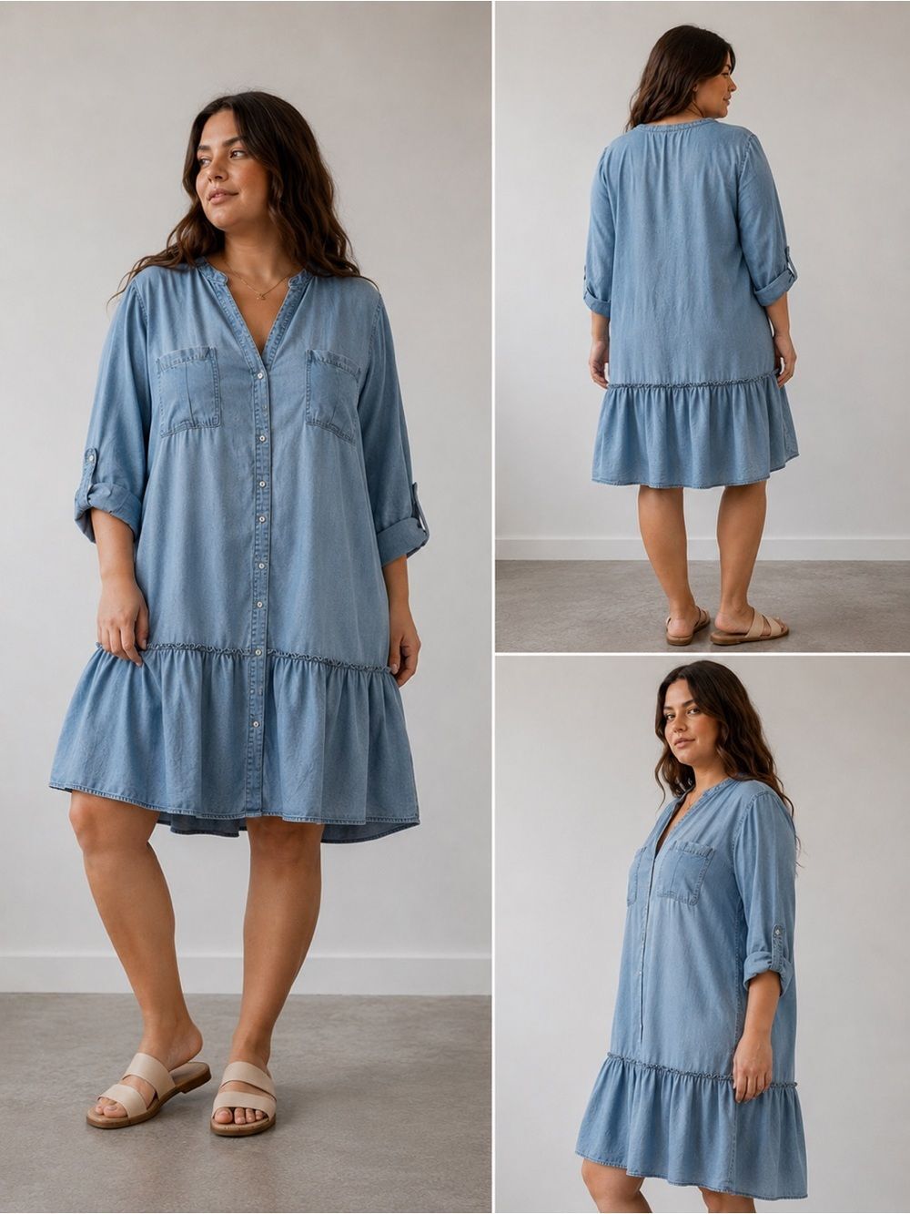 DEX Light Wash Short Denim Collarless Shirt Dress Bottom Ruffle Size 3X Sky Blue